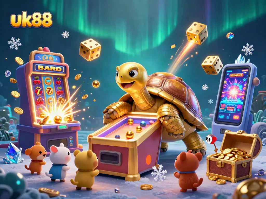Experience thrilling gaming at uk88 with golden tortoise and vibrant jackpots in a stunning scene.