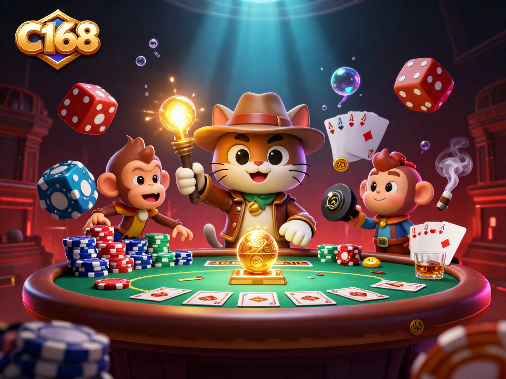 Experience the thrill of C168 with vibrant casino imagery featuring explorers and poker elements.