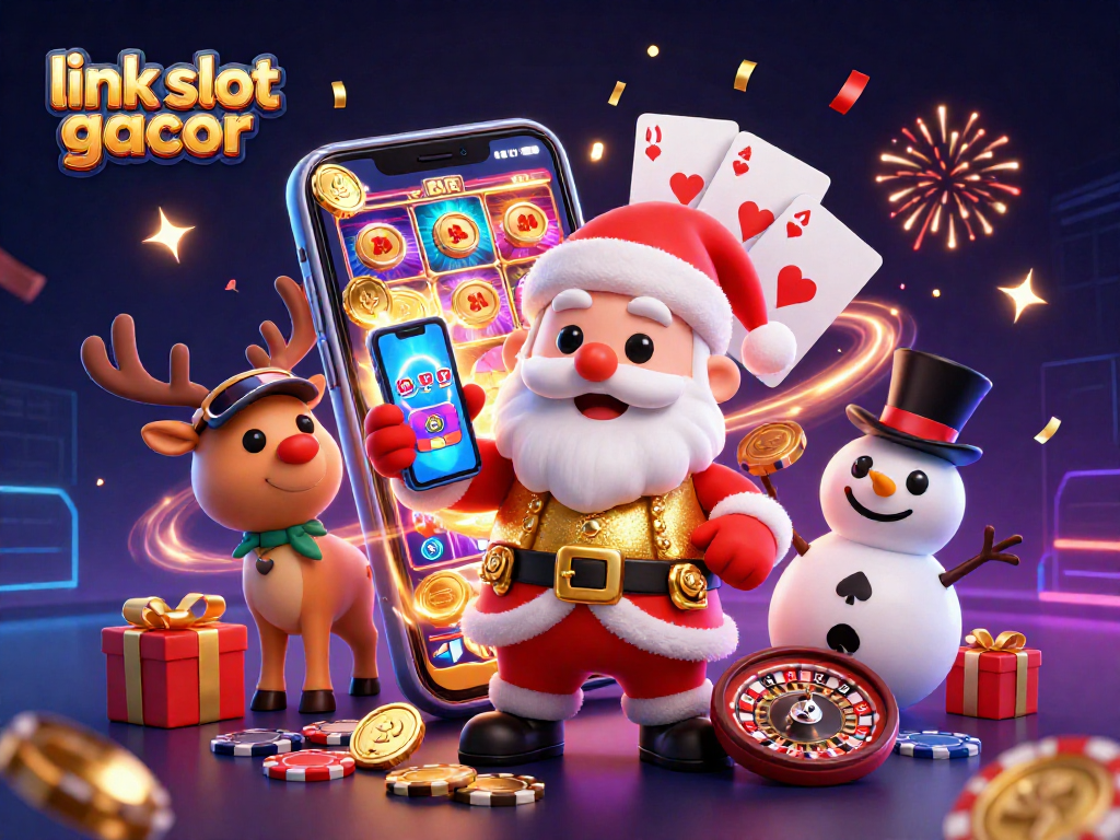 Engage with link slot gacor in this festive casino scene featuring Santa, a reindeer dealer, and a poker chip snowman.