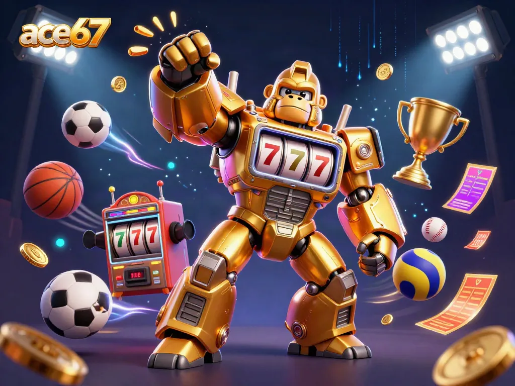 Experience thrilling entertainment with ace67's dynamic gaming scene featuring a golden gorilla mech and flying sports elements.