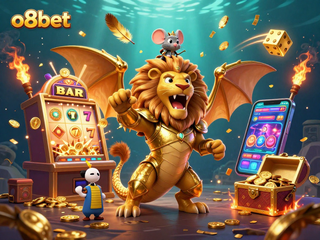 Experience jackpot excitement with o8bet's vibrant 3D casino scene featuring golden treasures and dynamic gameplay.