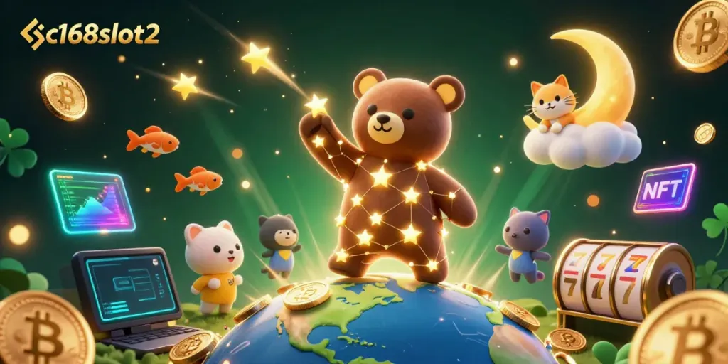 Engage with the thrilling world of c168slot2, featuring a cosmic bear in a vibrant casino setting.