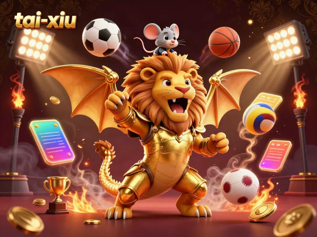 Experience the excitement of tai-xiu with a dynamic 3D chimera, sports elements, and golden trophies.