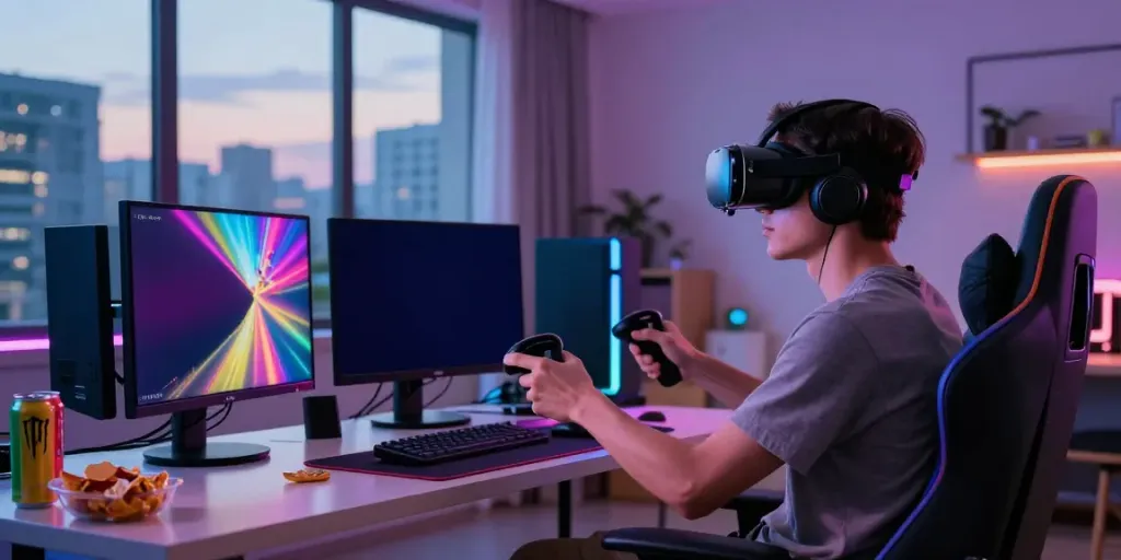 Kilat404 gaming experience featuring a player in VR headset surrounded by colorful lights.