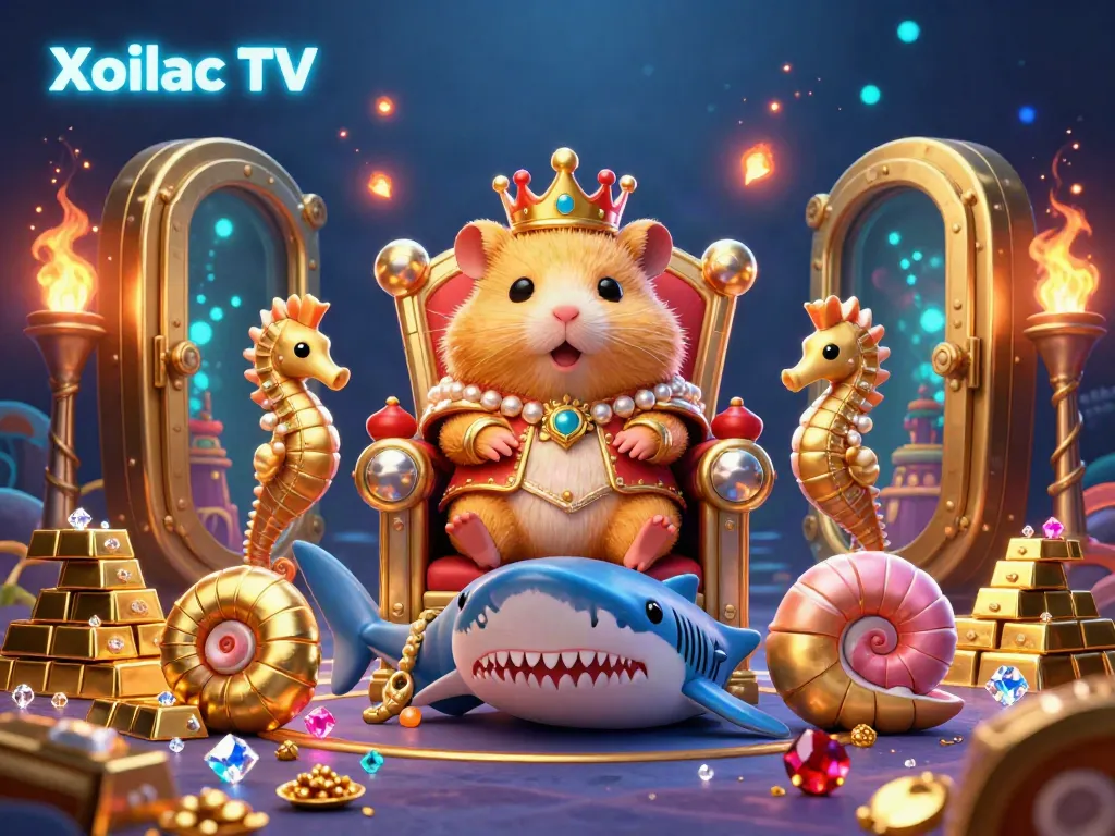 Xoilac TV showcases a whimsical underwater scene with a golden hamster king and treasure, perfect for online gaming.
