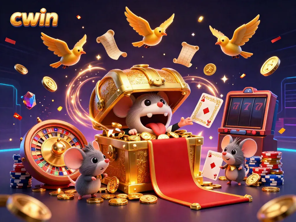 Experience exhilarating thrills at CWIN with a vibrant 3D casino illustration featuring a treasure chest and dynamic gaming elements.