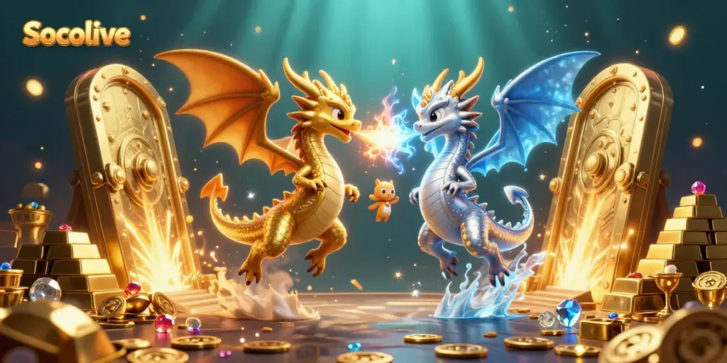 Engage with Socolive's thrilling gaming scene featuring dynamic dragons amidst treasure.