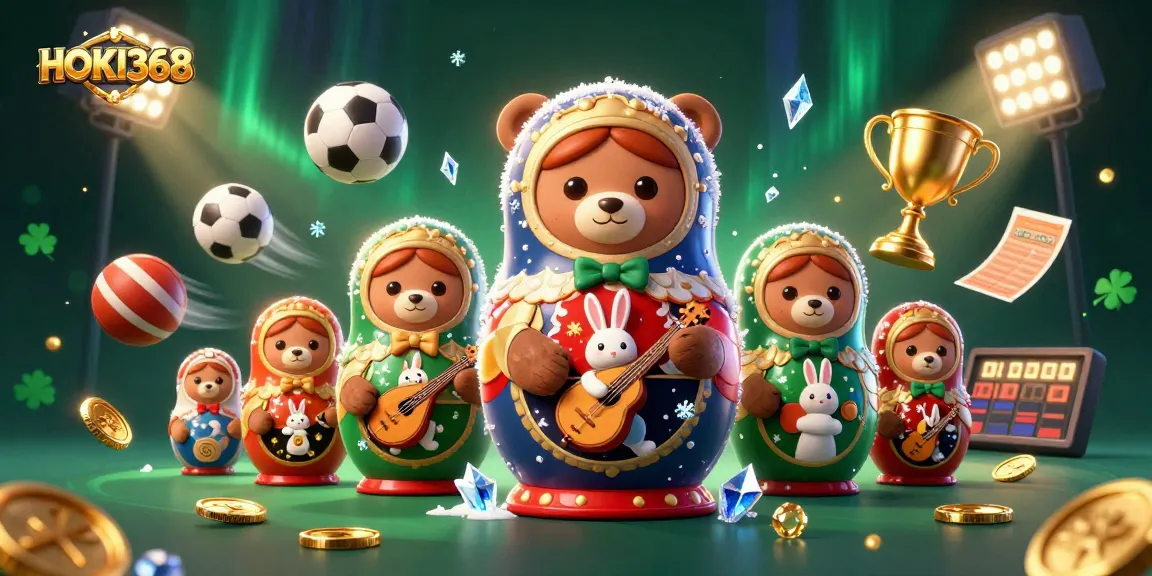 Experience HOKI368's vibrant casino scene with animated characters, sports balls, and golden trophies.