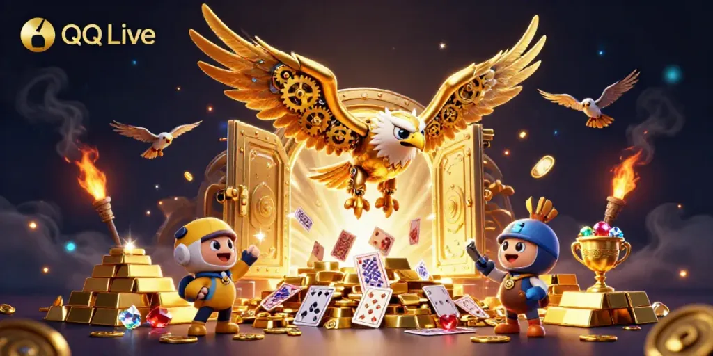 Engage with QQ Live's dynamic realm featuring a cybernetic eagle amidst holographic playing cards.
