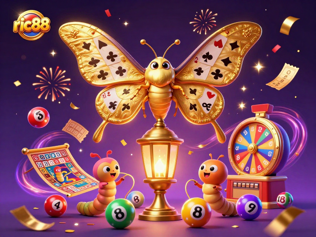 Engage with ric88's vibrant casino world featuring dynamic lottery balls and golden treasures.