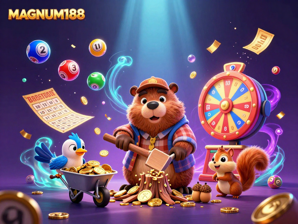 Win with MAGNUM188: Exciting 3D casino-themed illustration showcasing gold coins and lottery elements.
