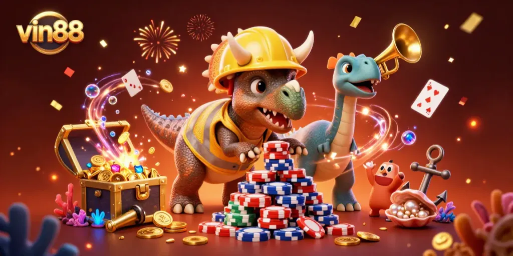 Win big with vin88 in this vibrant online casino scene featuring poker chips and thrilling celebrations.