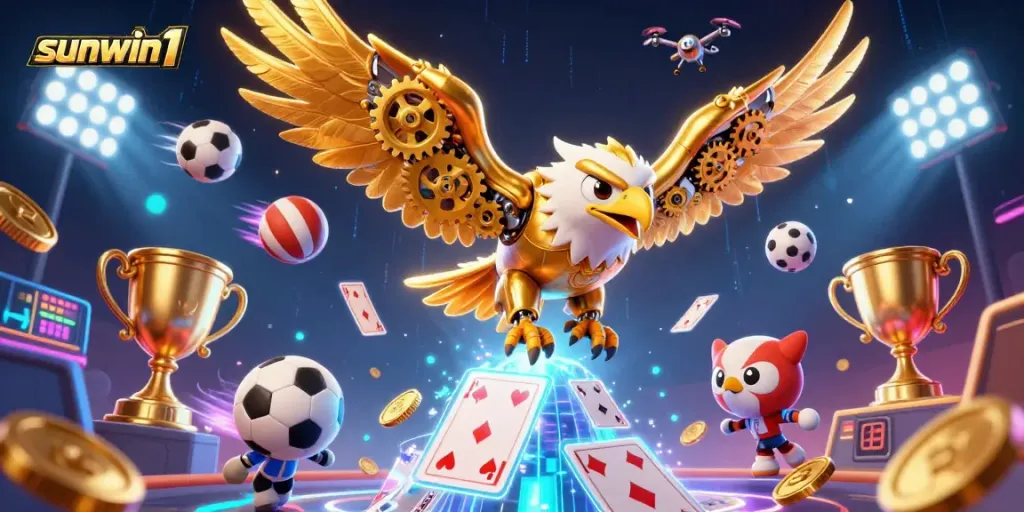 Experience the excitement of sunwin1 with golden eagle diving through holographic cards amidst dynamic sports elements.
